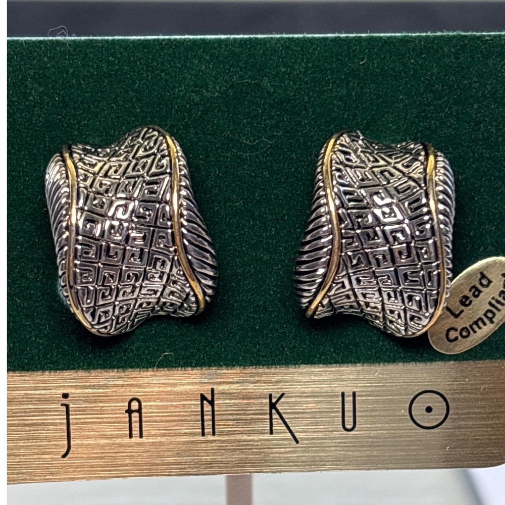 Earrings Jan Kuo Two-Tone Silver Gold Clip-On Textured Designer Style New